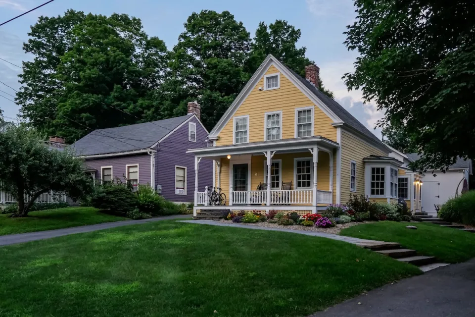 Two colorful Victorian houses in Conway, Massachusetts.